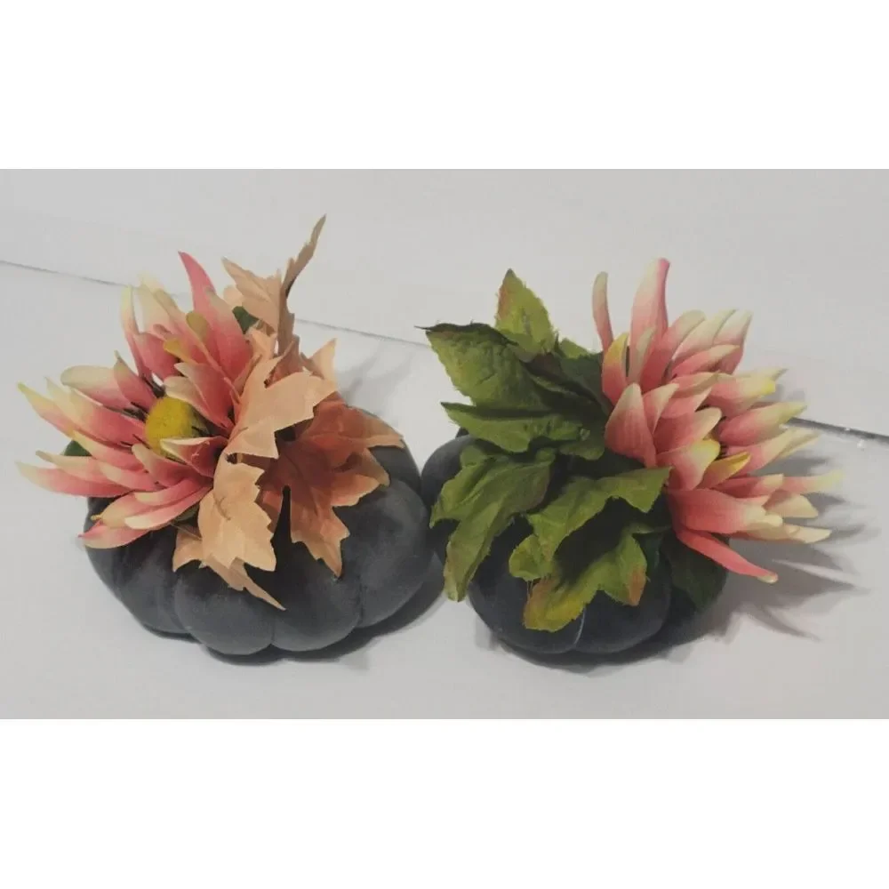 2 Gray Velvet Fabric Pumpkin Fall Floral Arrangements Home Centerpiece Decor
